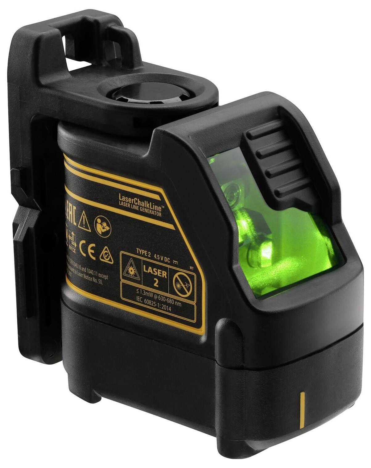 Un livello laser compatto, nero, con unità laser verde, principalmente utilizzato per l'allineamento preciso nei progetti edili.