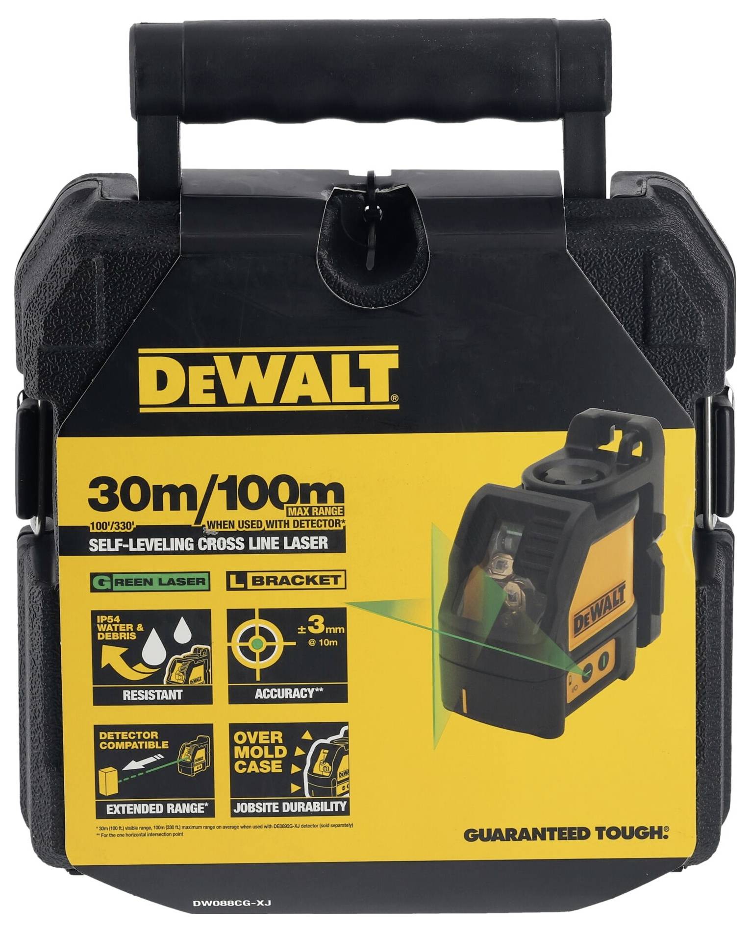 Valigetta di un livella laser a linee incrociate autolivellante DeWalt, idonea per misurazioni fino a 30m/100m, con dettagli di protezione.