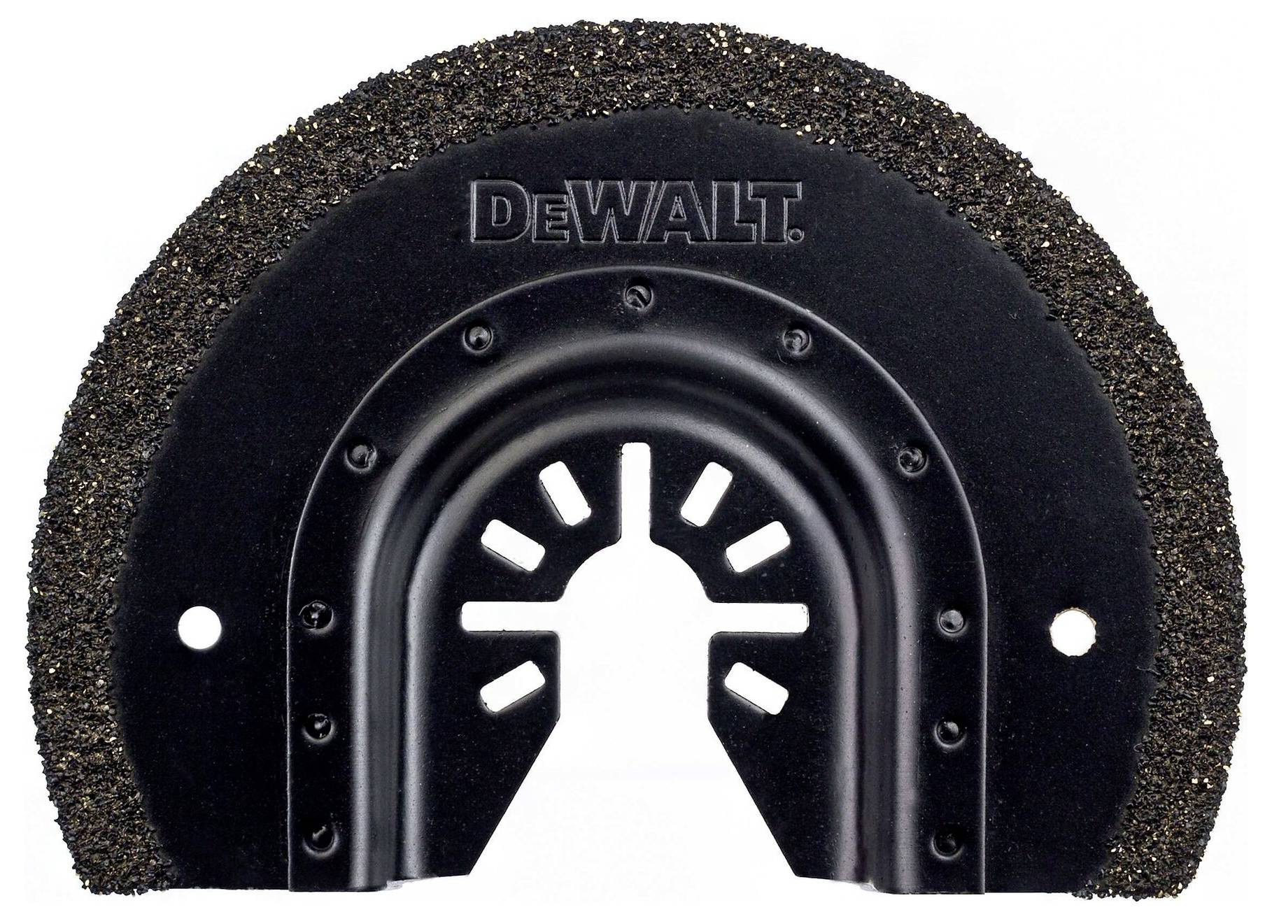 Supporto per lama da sega DeWalt nero con bordo arcuato e dentellato. Ideale per tagli precisi in lavori artigianali.