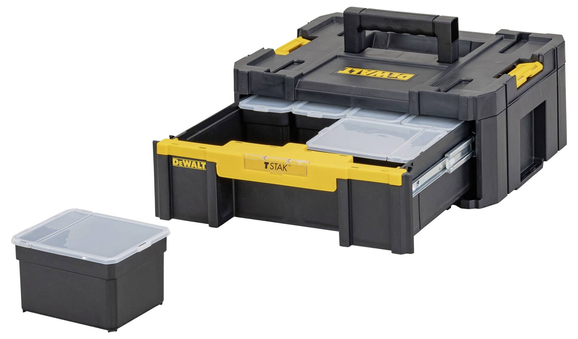 Un'apposita cassetta degli attrezzi aperta, di colore nero e giallo, con un cassetto estraibile, mostra diversi contenitori trasparenti in plastica per la conservazione.