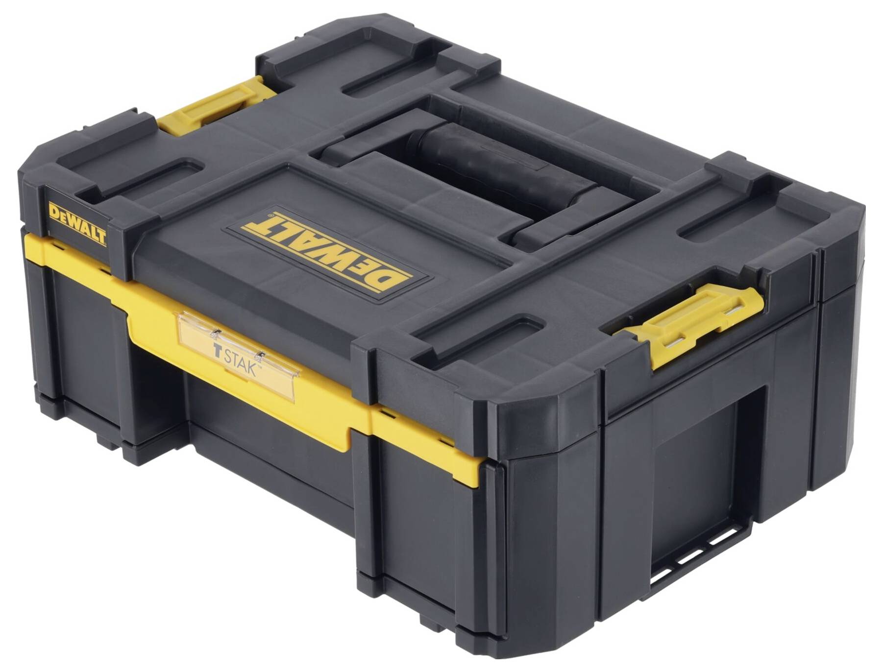 Valigetta degli attrezzi in plastica nera DeWalt con maniglie e chiusure gialle, forma rettangolare, adatta al trasporto di utensili.