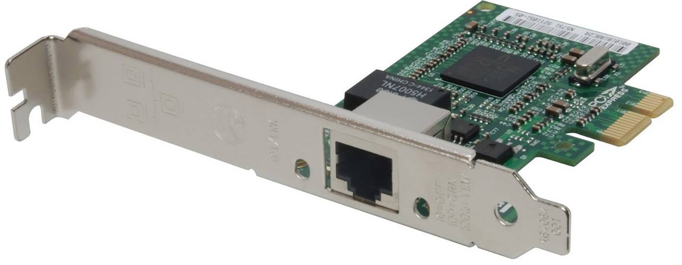 Scheda di rete con connettore PCI-Express per l'installazione in un computer, riconoscibile dalla porta Ethernet e dalla scheda verde.