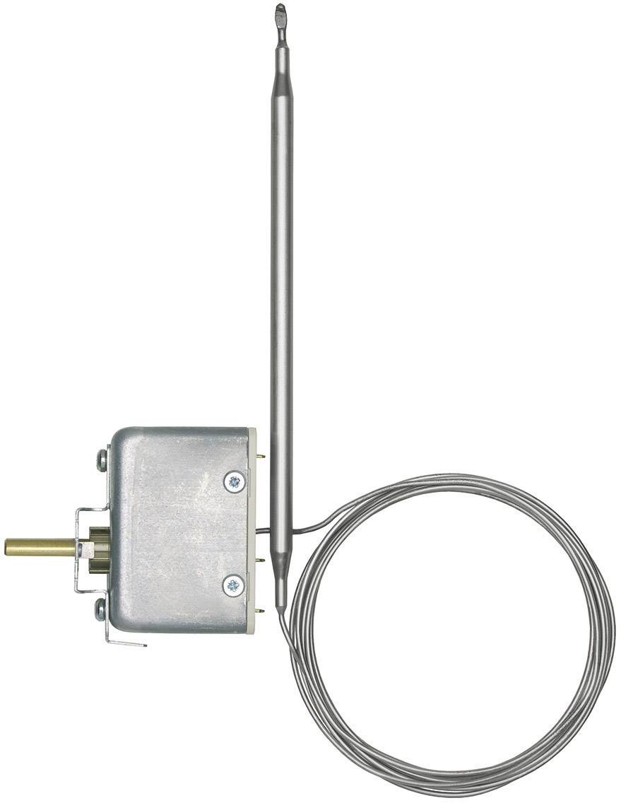 Termostato in metallo con sonda lunga e cavo avvolto, utilizzato per il controllo della temperatura in applicazioni industriali.