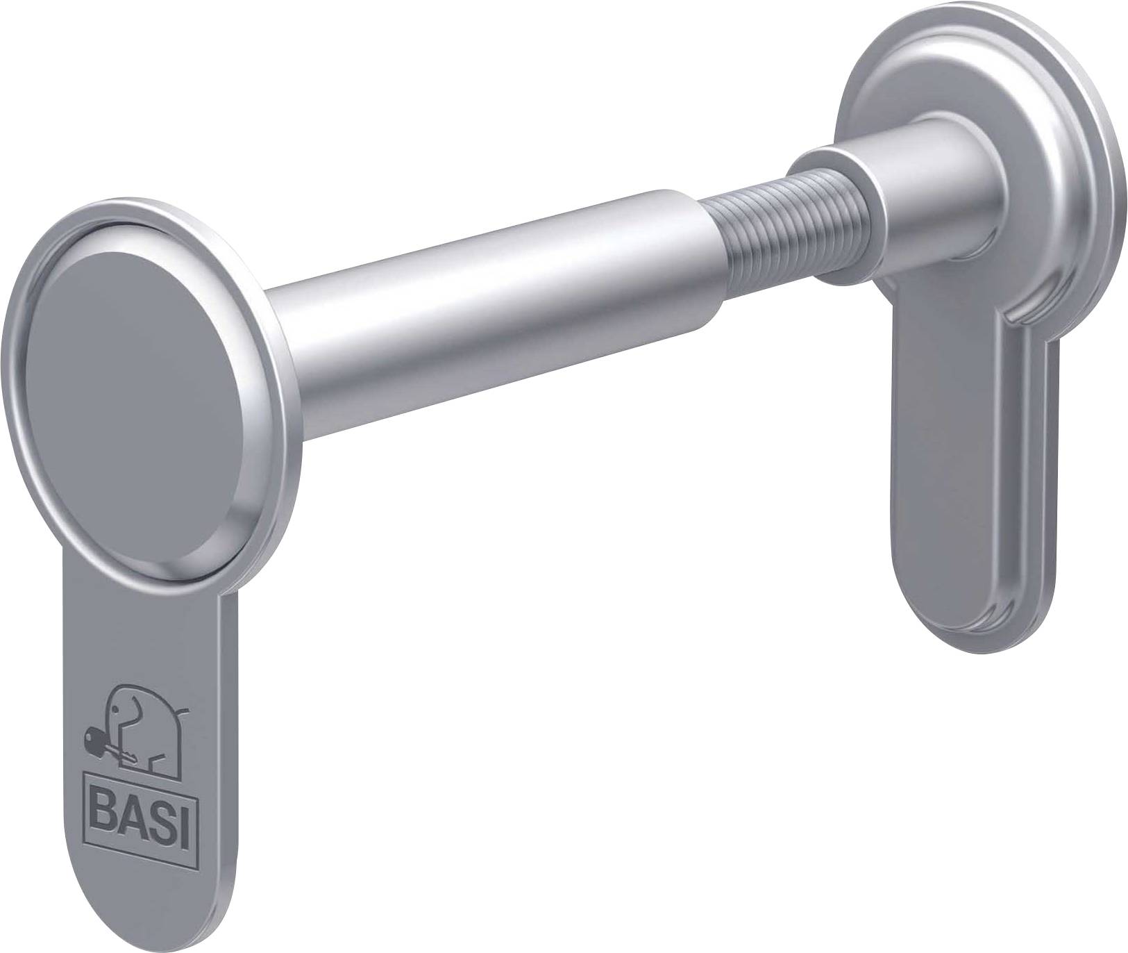 Cilindro in metallo con due piastre di fissaggio rotonde e filettatura, idoneo per la sicurezza di porte o finestre.