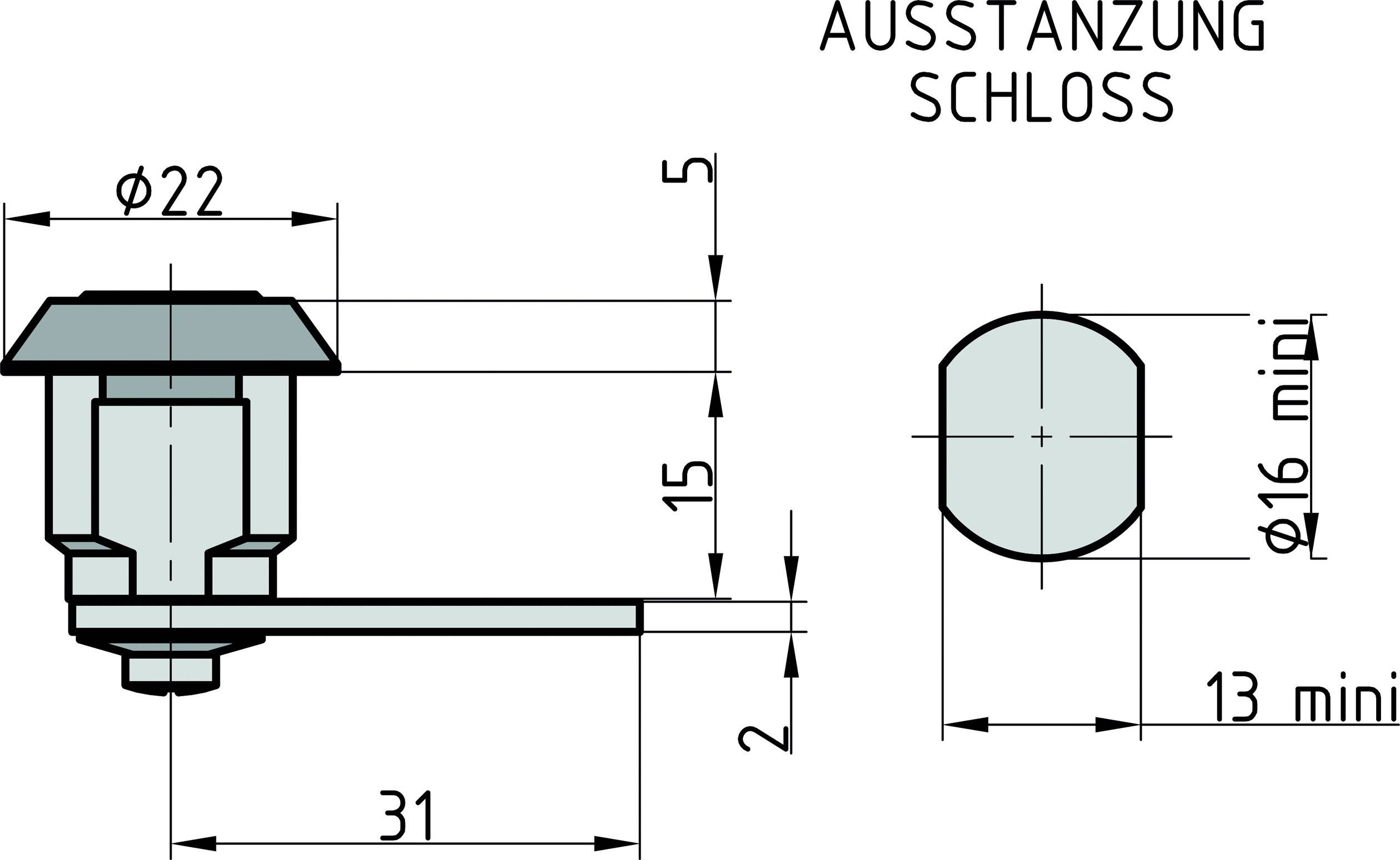 Disegno tecnico di una serratura con misure: diametro 22 mm, lunghezza 31 mm. Ulteriori dettagli e piani di montaggio sono illustrati.