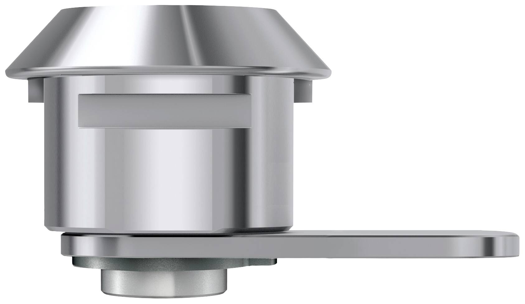 Cerniera metallica con base cilindrica e braccio di leva piatto, probabilmente adatta per fissaggi di mobili o involucri.