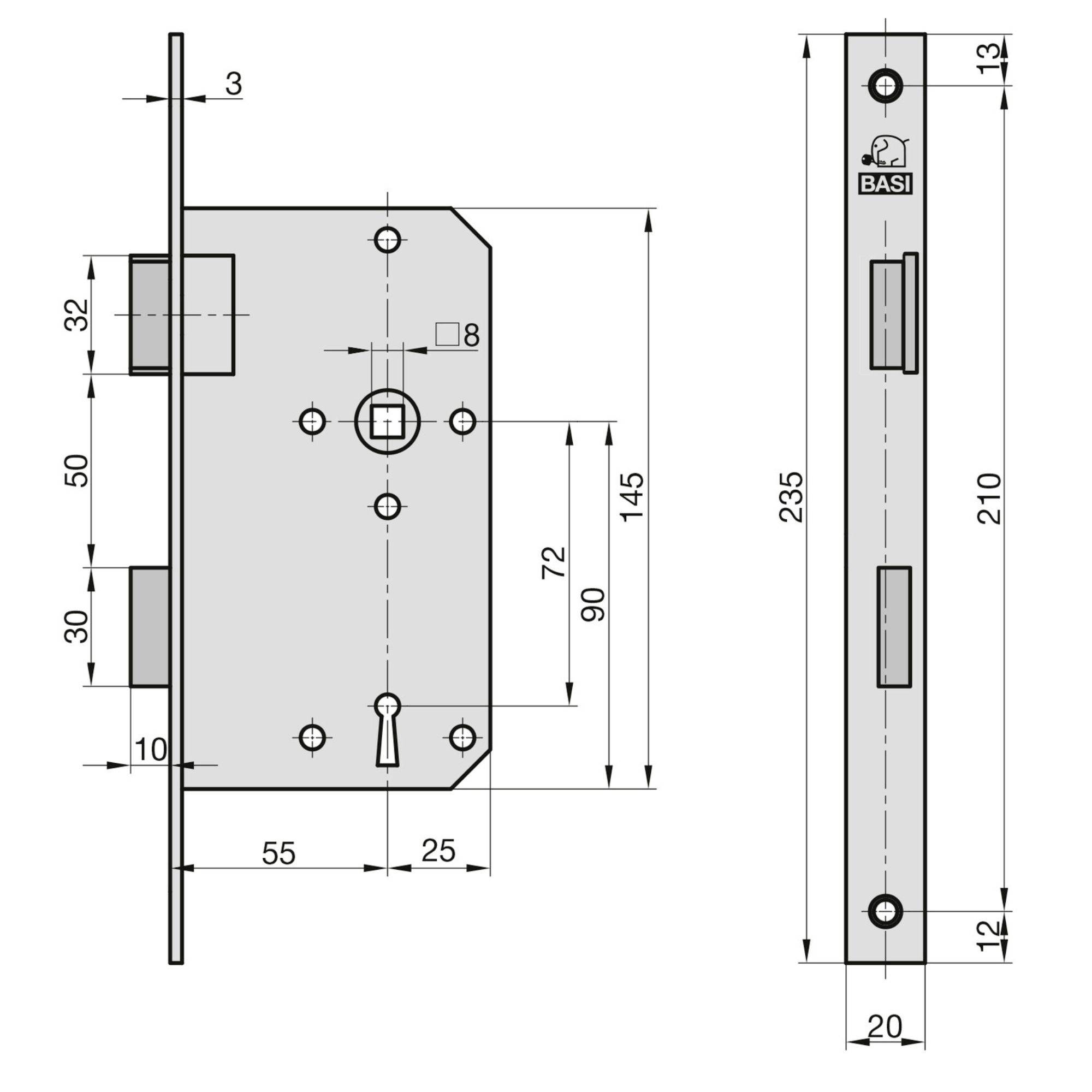 Diagramma tecnico di un meccanismo di serratura, che mostra dimensioni dettagliate: 235x20mm con una profondità di 55mm, buco della serratura, e dimensioni del bullone.