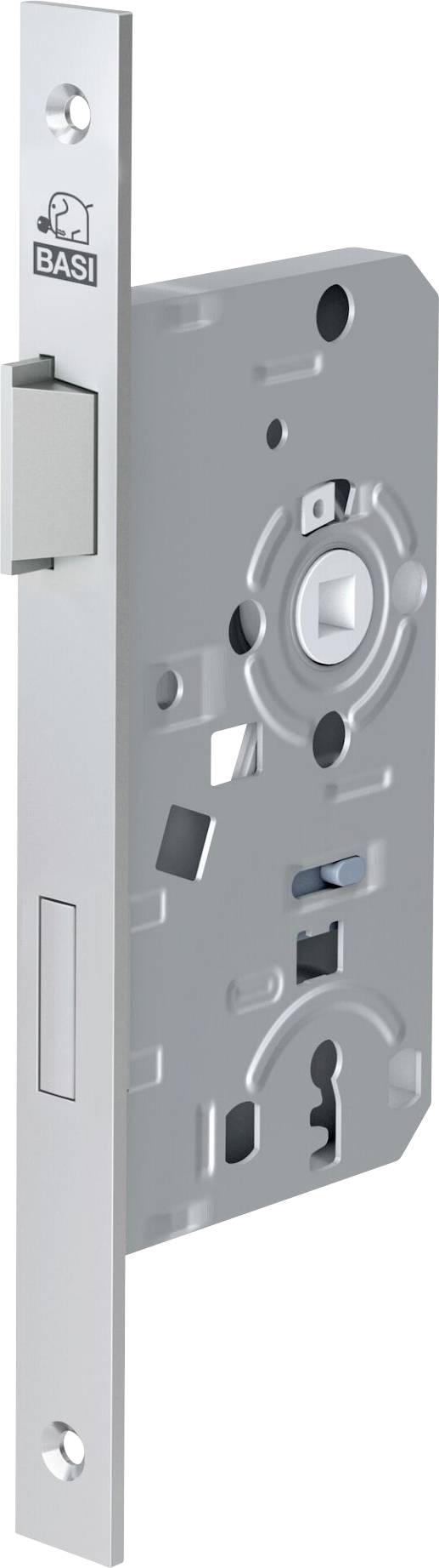 Meccanismo di serratura a mortasa 'BASI 72' in argento con slot multipli e componenti, progettato per l'installazione su porte.