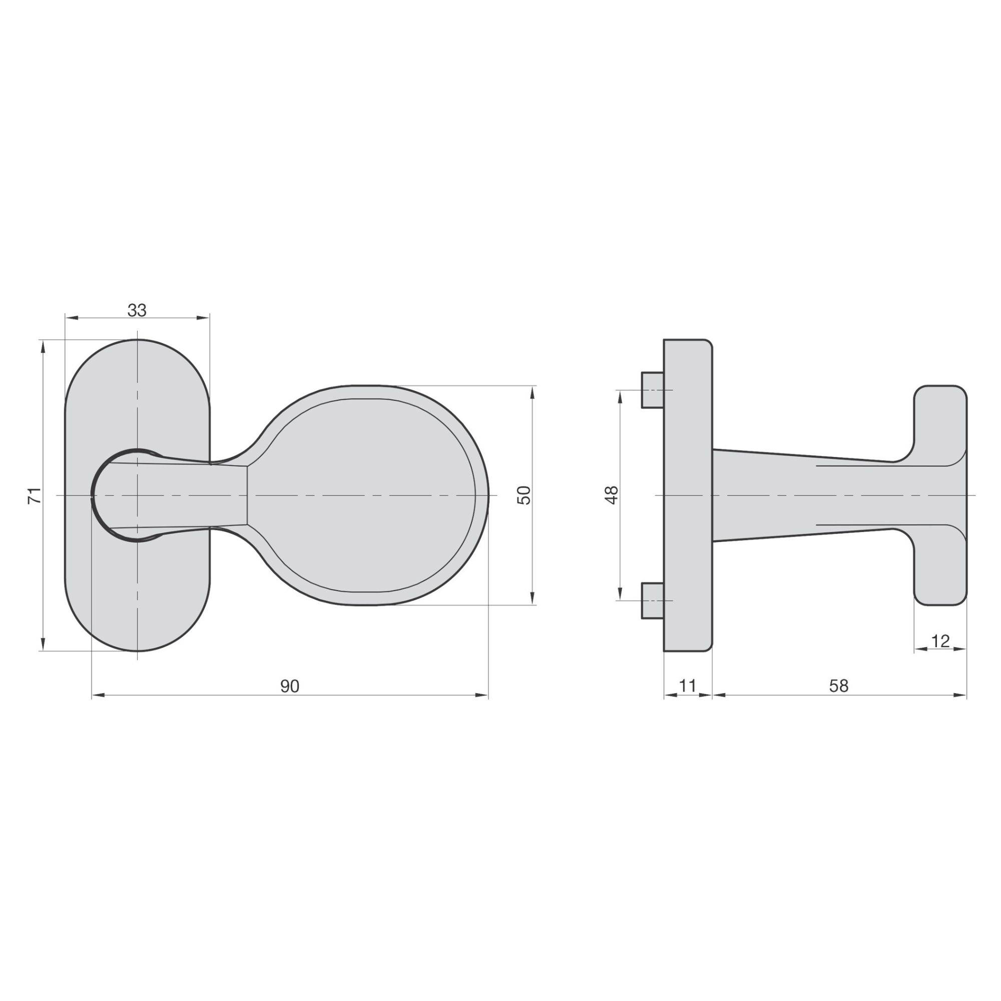 Disegno tecnico di un gancio appendiabiti a parete con dimensioni. Vista frontale e laterale, misure in millimetri.
