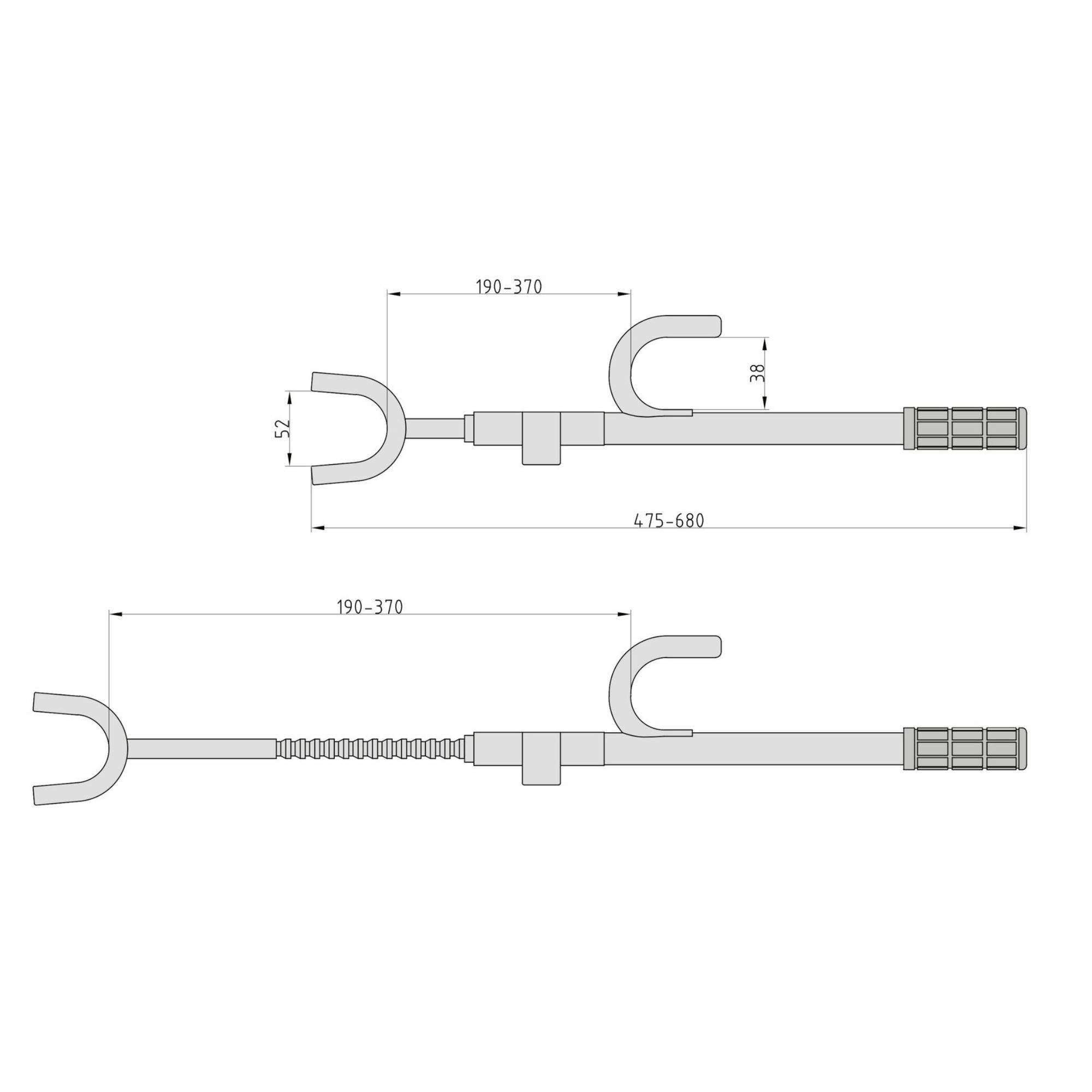 Disegno di un utensile regolabile con uncini ed etichette. Lunghezze comprese tra 190-680 mm contrassegnate.