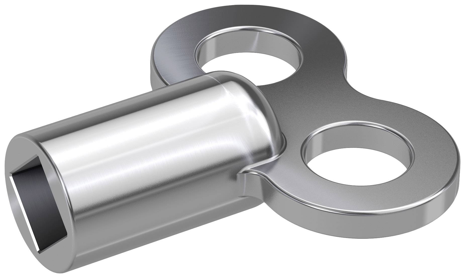 Un chiave d'argento, rotonda e in metallo con un fusto cavo e cilindrico e due grandi fori sul manico. Adatta per carica di orologi.