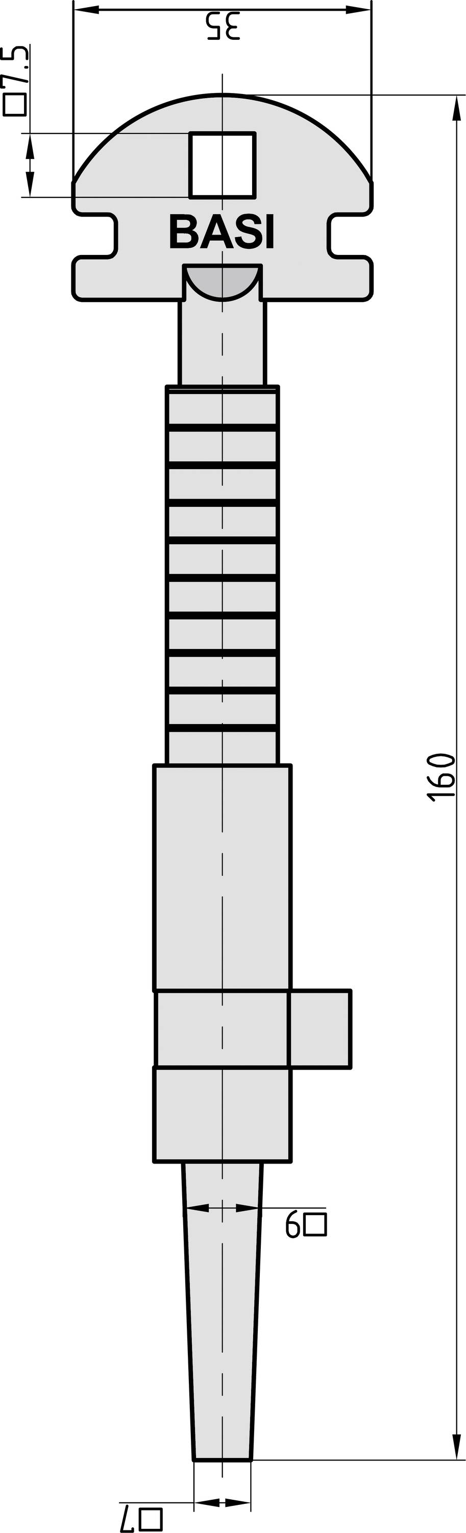 Disegno tecnico di un bullone: curvato superiormente con scritta 'BASI', lunghezza totale 160 mm, larghezza 35 mm, diametro inferiore 6 mm.