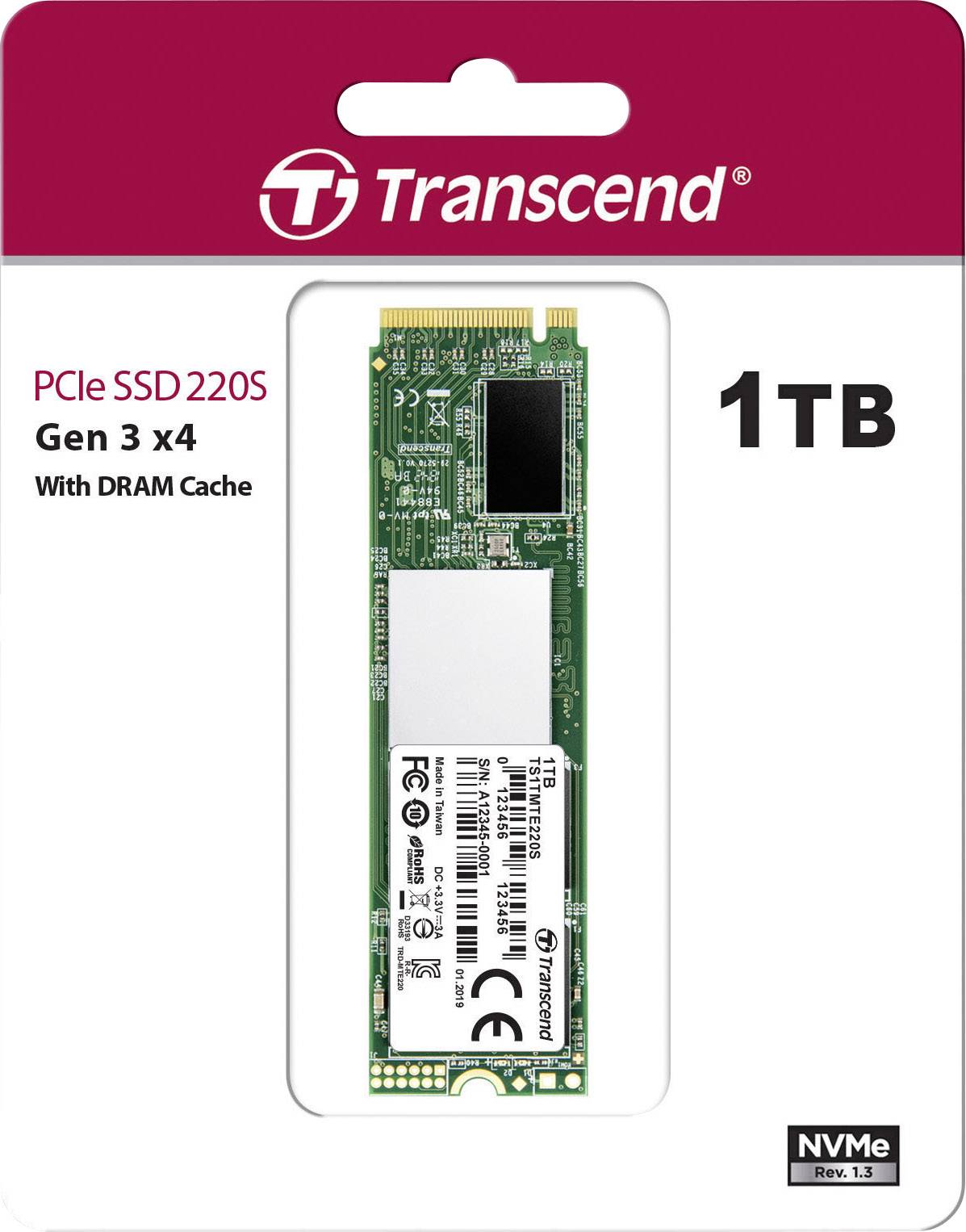 Transcend PCIe SSD 220S, Gen 3 x4, 1TB, con cache DRAM. Confezione che mostra la scheda di memoria e il marchio.
