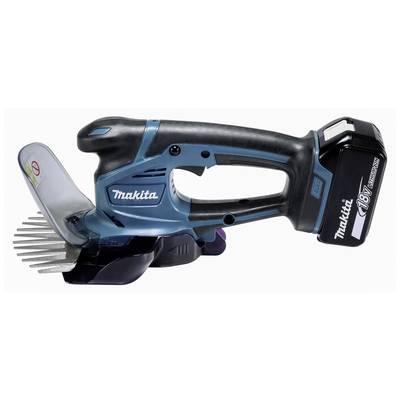 Un decespugliatore a batteria Makita 18V wireless con involucro blu e nero, adatto per lavori di giardinaggio.