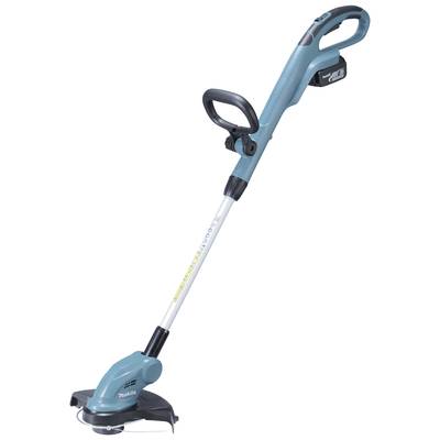Un tagliabordi elettrico con involucro blu, impugnature ergonomiche e una testina di taglio angolata per una cura efficiente del giardino.