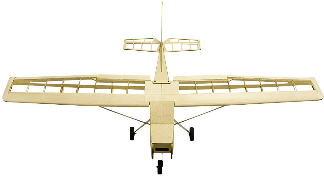Un semplice modellino di aereo in legno con strutture alari e carrello di atterraggio visibili. La costruzione mostra linee chiare e simmetria.
