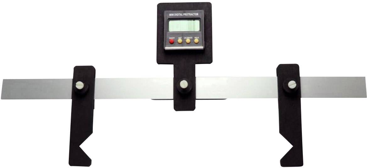 Strumento di misurazione digitale con righello orizzontale in metallo, collegato a due morsetti regolabili di colore nero, e un display nella parte centrale superiore.