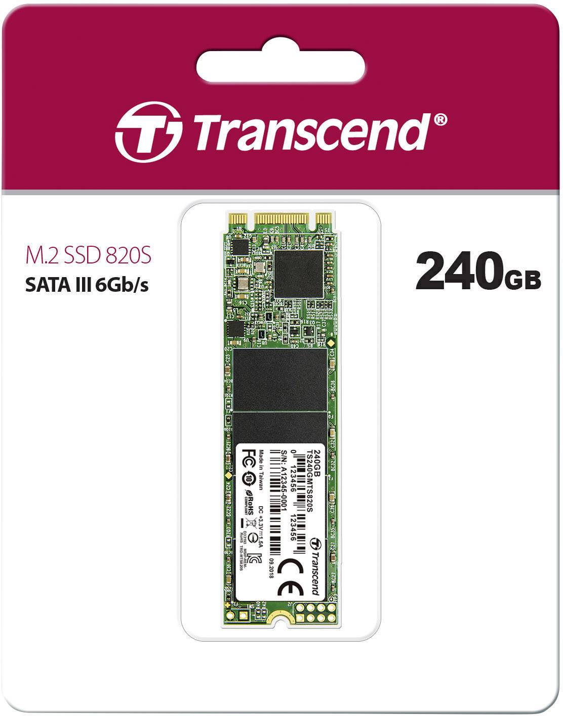 Confezione di un SSD Transcend M.2 820S da 240 GB con interfaccia SATA III 6Gb/s.