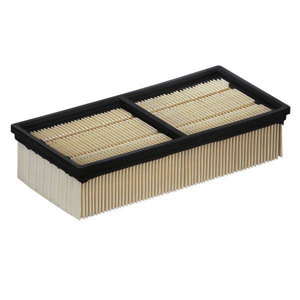 Un filtro dell'aria rettangolare con pieghe e cornice nera, probabilmente adatto per un veicolo o una macchina.