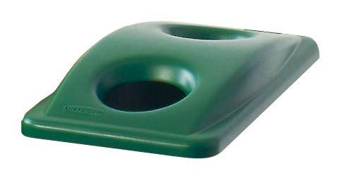 Coperchio in plastica verde con due aperture circolari, comunemente utilizzato per sistemi di raccolta differenziata.