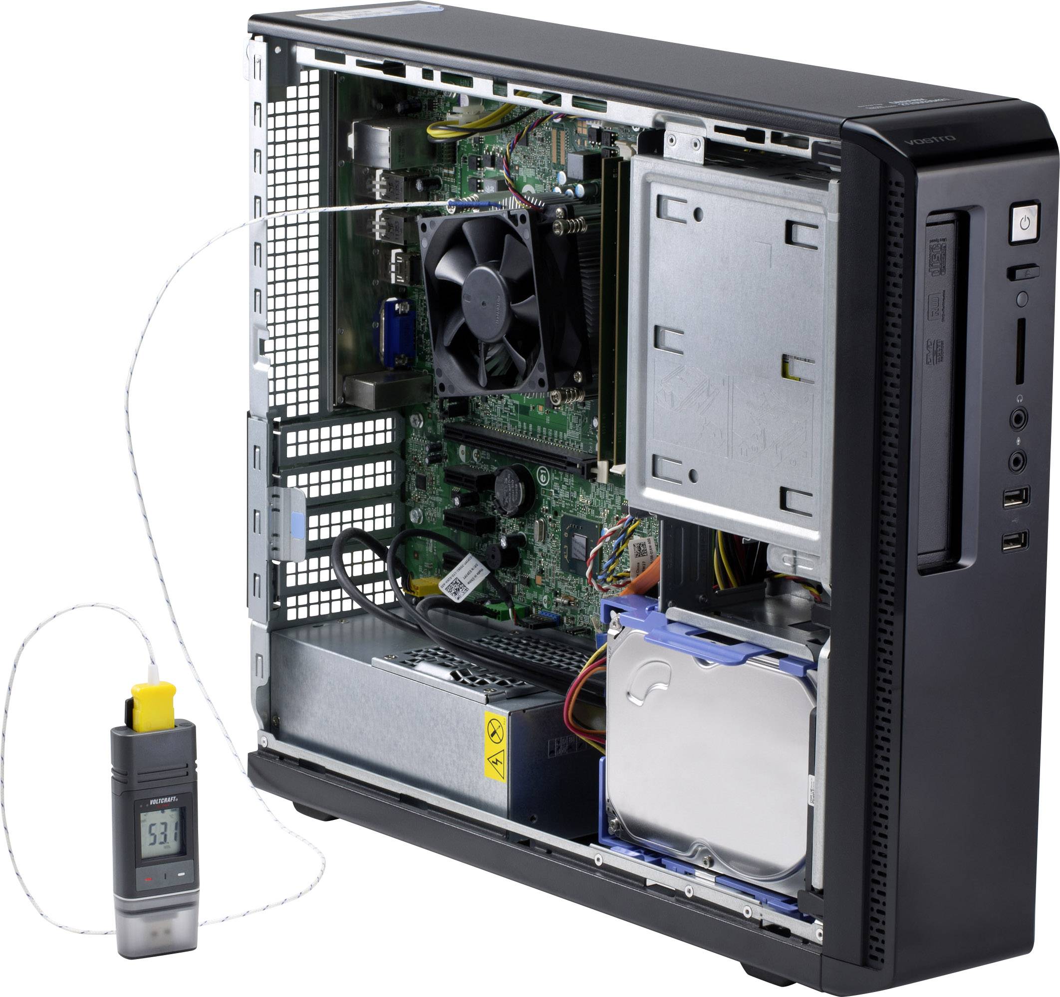 Un computer desktop aperto con componenti visibili e un termometro che mostra una temperatura di 53,1 gradi.