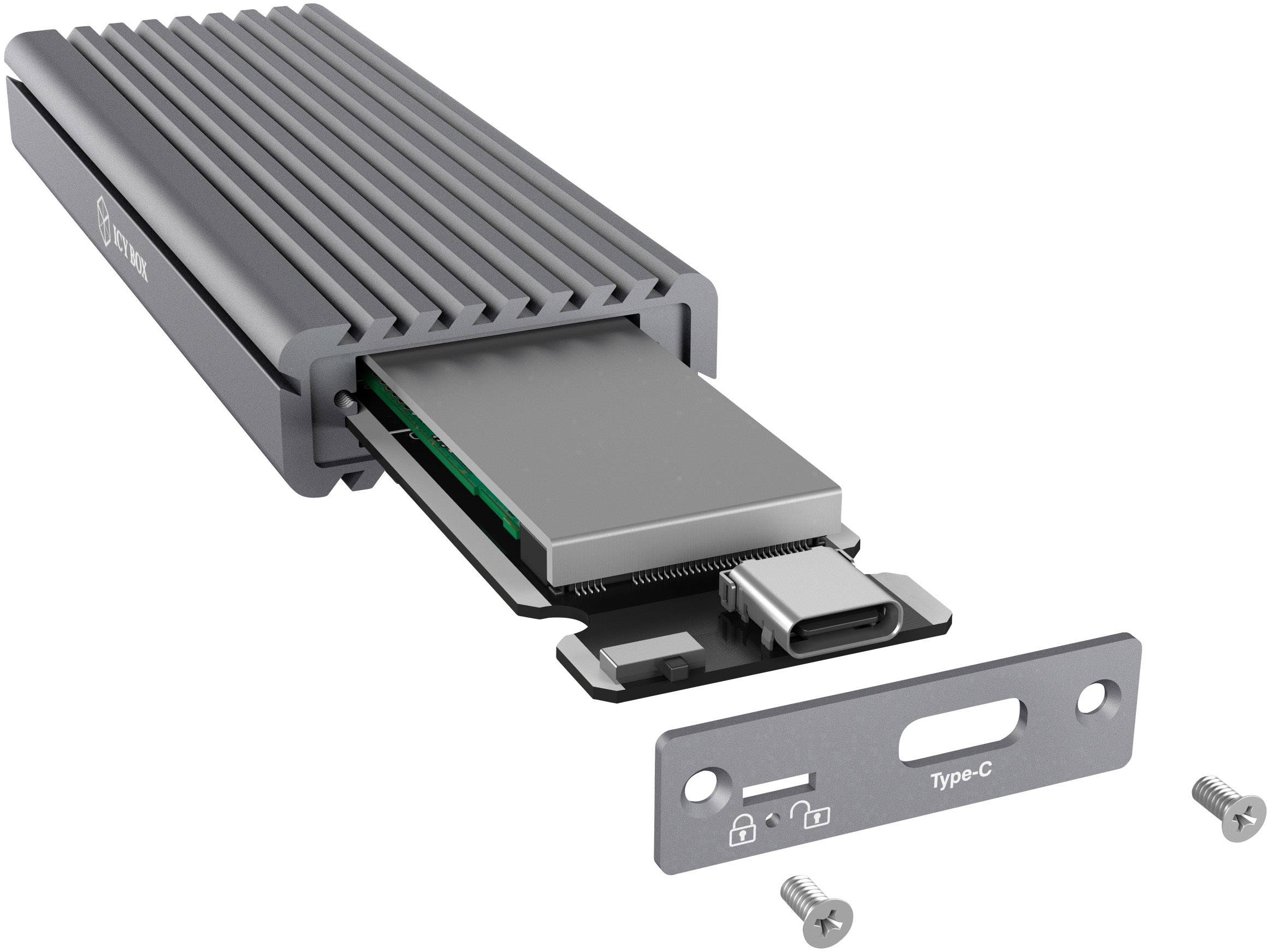 SSD esterna con connettore USB-C; coperchio rimovibile; viti di fissaggio; adatta per il trasferimento rapido dei dati.