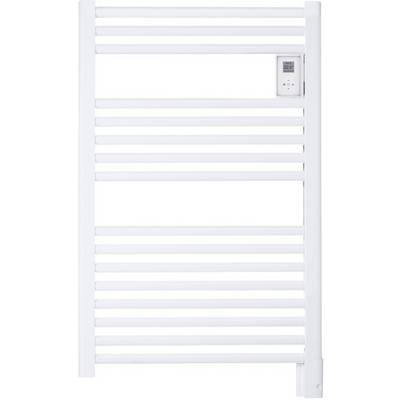 Un radiatore scaldasalviette bianco con montanti orizzontali e un termostato digitale sul lato.