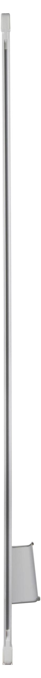 Un palo metallico argentato, sottile e verticale con un breve ripiano o supporto orizzontale nella parte inferiore.