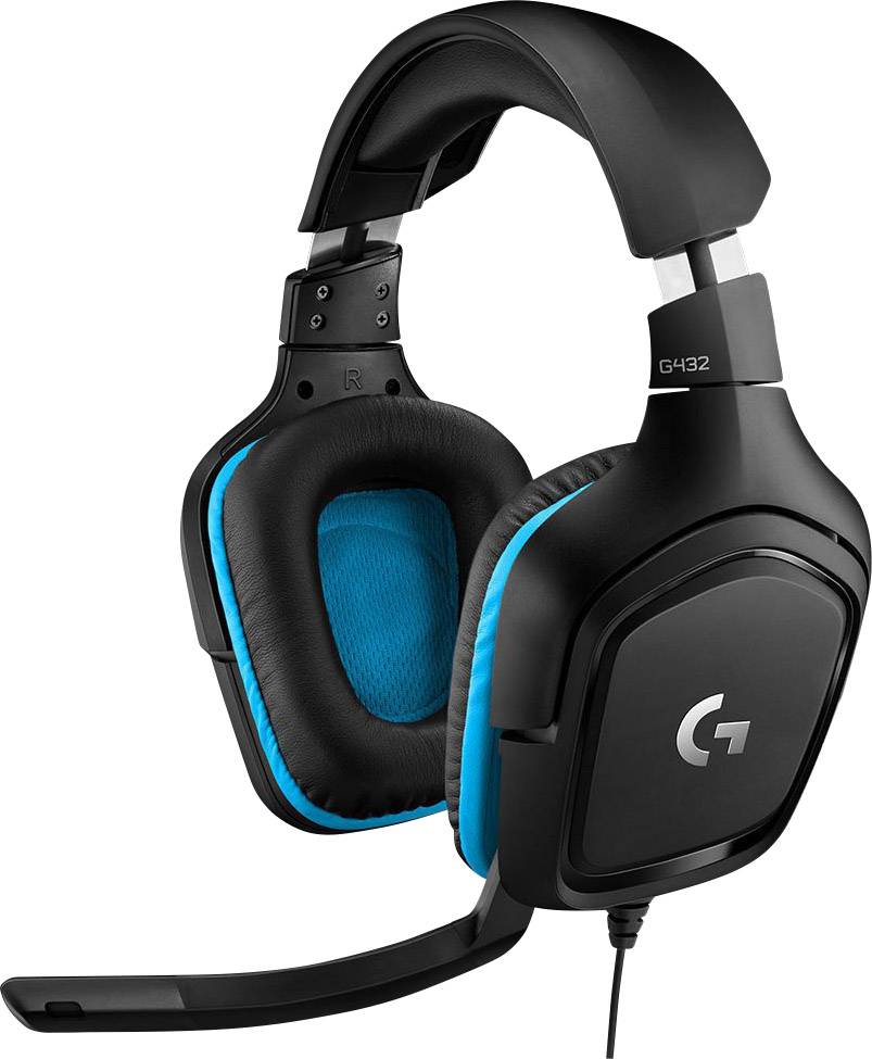 Cuffie da gaming nere con cuscinetti auricolari blu e braccio del microfono. Modello: G432. Adatte per PC e console.
