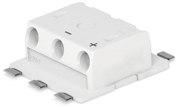 Componente elettronica bianca con tre slot e segni più-meno, montata su una base piatta.