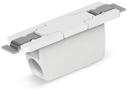 Un involucro rettangolare bianco in plastica con due morsetti grigi sulla parte superiore, presumibilmente parte di un sistema di montaggio.