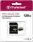 Confezione di una scheda microSD Transcend UHS-I da 128 GB, adatta per dashcam e videosorveglianza, incluso adattatore microSD.