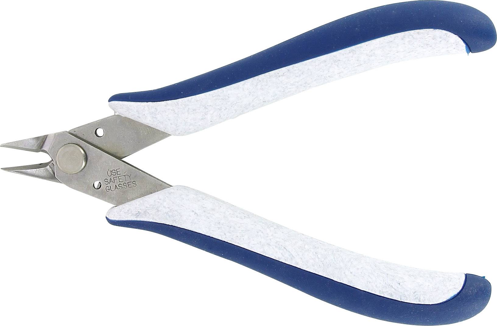 Tronchesi con manici blu e grigi, in metallo, lama da taglio diagonale, con avvertenza 'USARE OCCHIALI DI PROTEZIONE' sulla parte metallica.