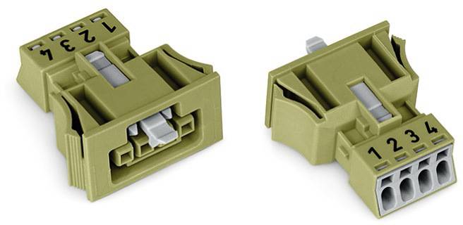 Due spine in plastica verde oliva con numerazione '1', '2', '3', '4'; entrambe le spine possiedono inserti trapezoidali per connessioni di cavi.