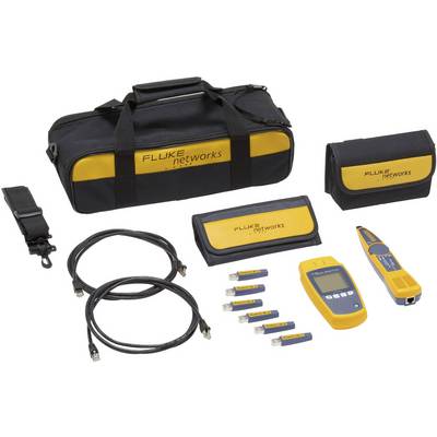 Kit per test di rete composto da borsa, cavi, tester, etichette per cavi e accessori, tutti contrassegnati con il logo 'Fluke Networks'.