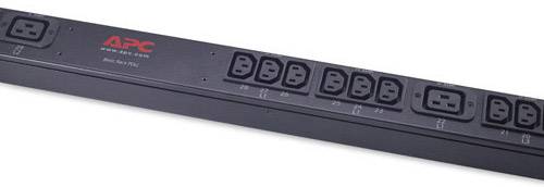 Unità di distribuzione dell'energia (PDU) APC, colore nero, con multiple prese elettriche e un interruttore.
