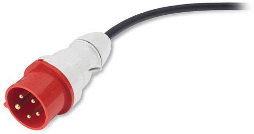Una spina industriale rossa con sei pin di contatto metallici su un cavo nero. Adatta per l'uso in applicazioni ad alte prestazioni.