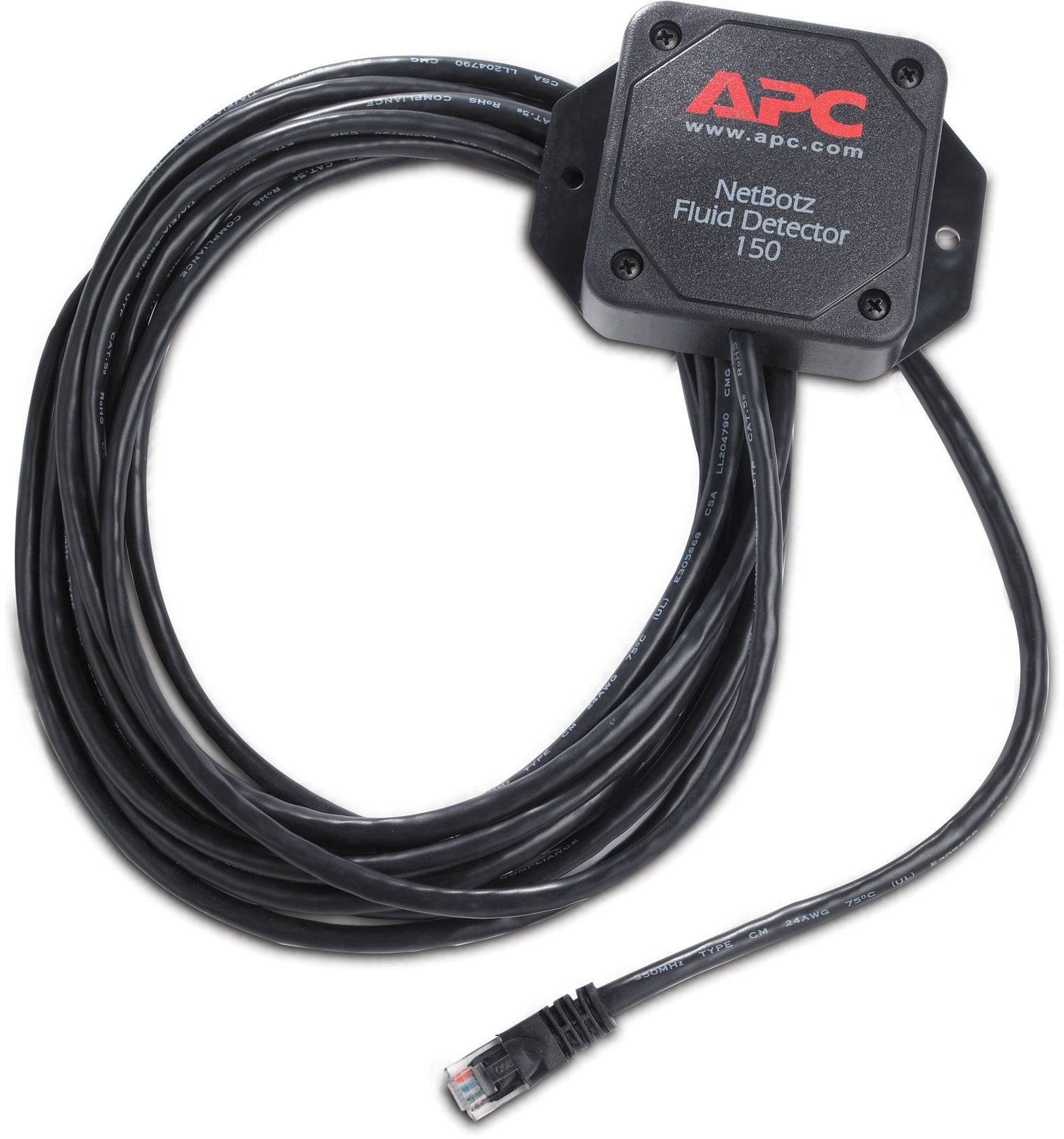 NetBotz Fluid Detector 150 di APC, un sensore per rilevare perdite di liquidi, con cavo lungo e connettore RJ45.