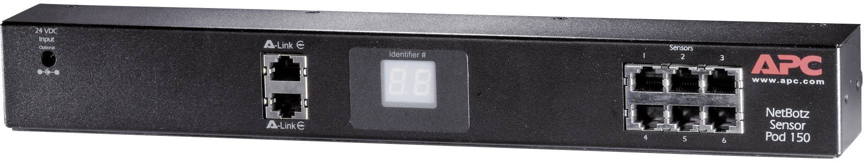 Un pod sensore nero APC NetBotz 150 con più connessioni di rete e display digitale per il monitoraggio delle condizioni ambientali.