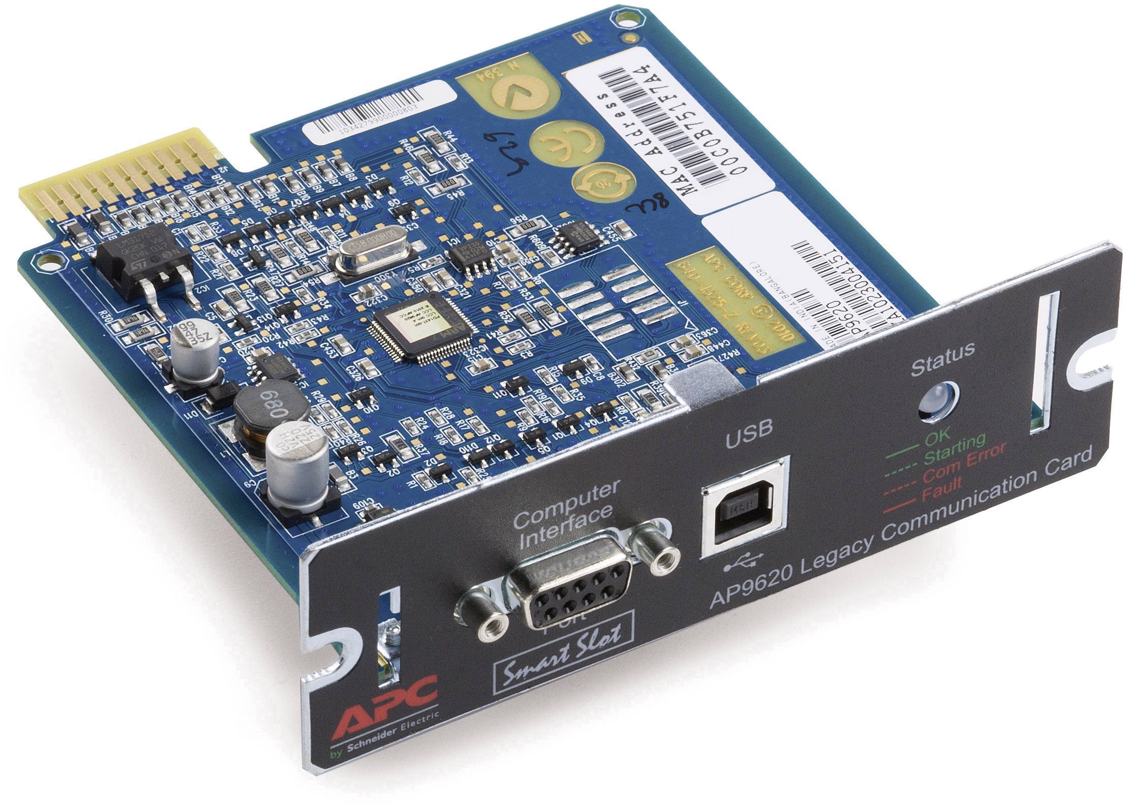Scheda di comunicazione legacy APC AP9620 con interfacce USB e computer e indicatori di stato per OK, errore e non funzionante.