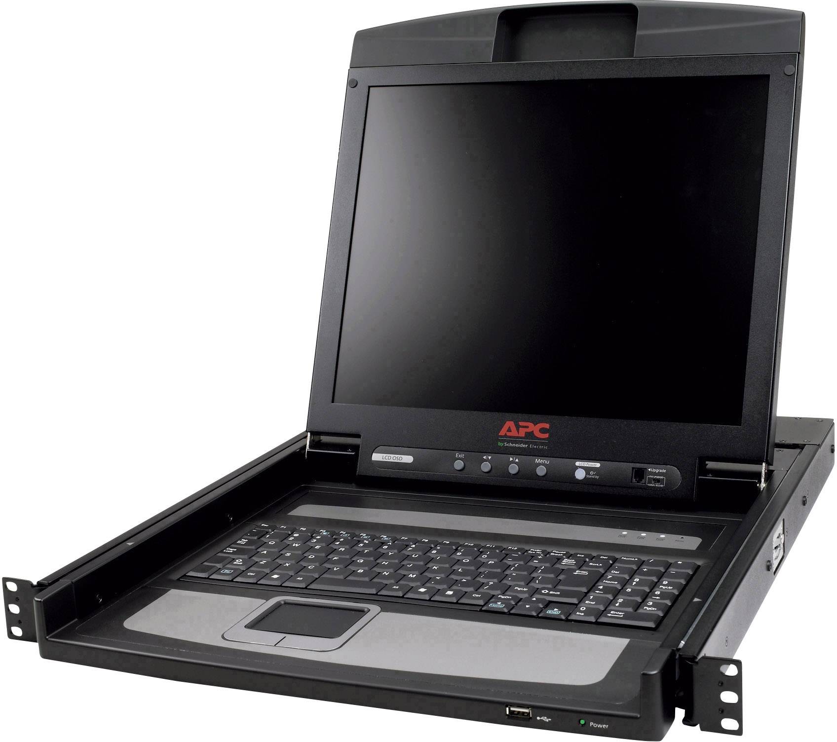 Un laptop nero con schermo aperto, tastiera e touchpad. Il dispositivo reca il logo 'APC' sotto lo schermo.
