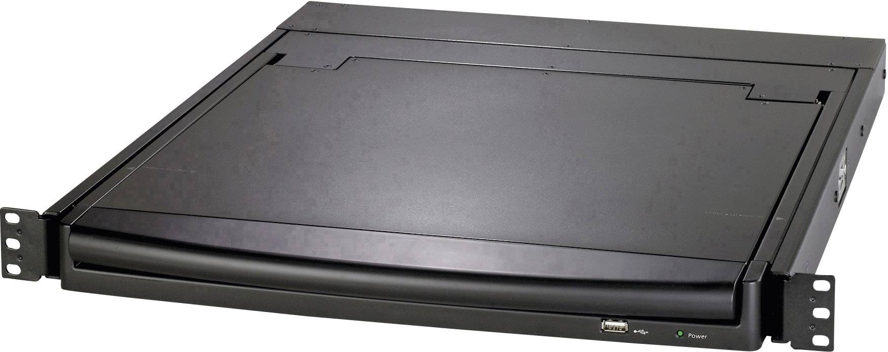Un server nero e piatto con staffe per il montaggio in un rack per server.