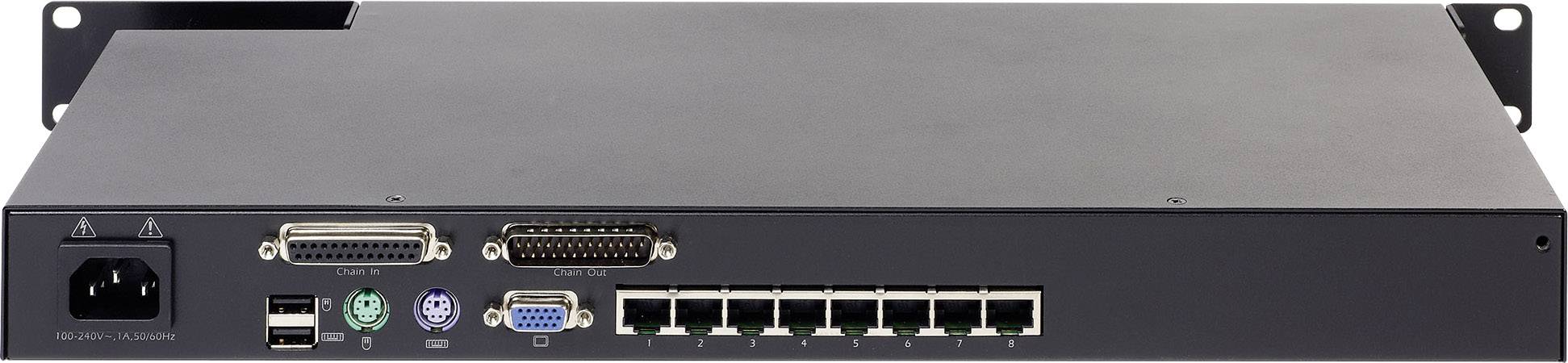 Retro di un server di rete con più porte, tra cui due porte seriali, porte USB, porte VGA ed Ethernet.