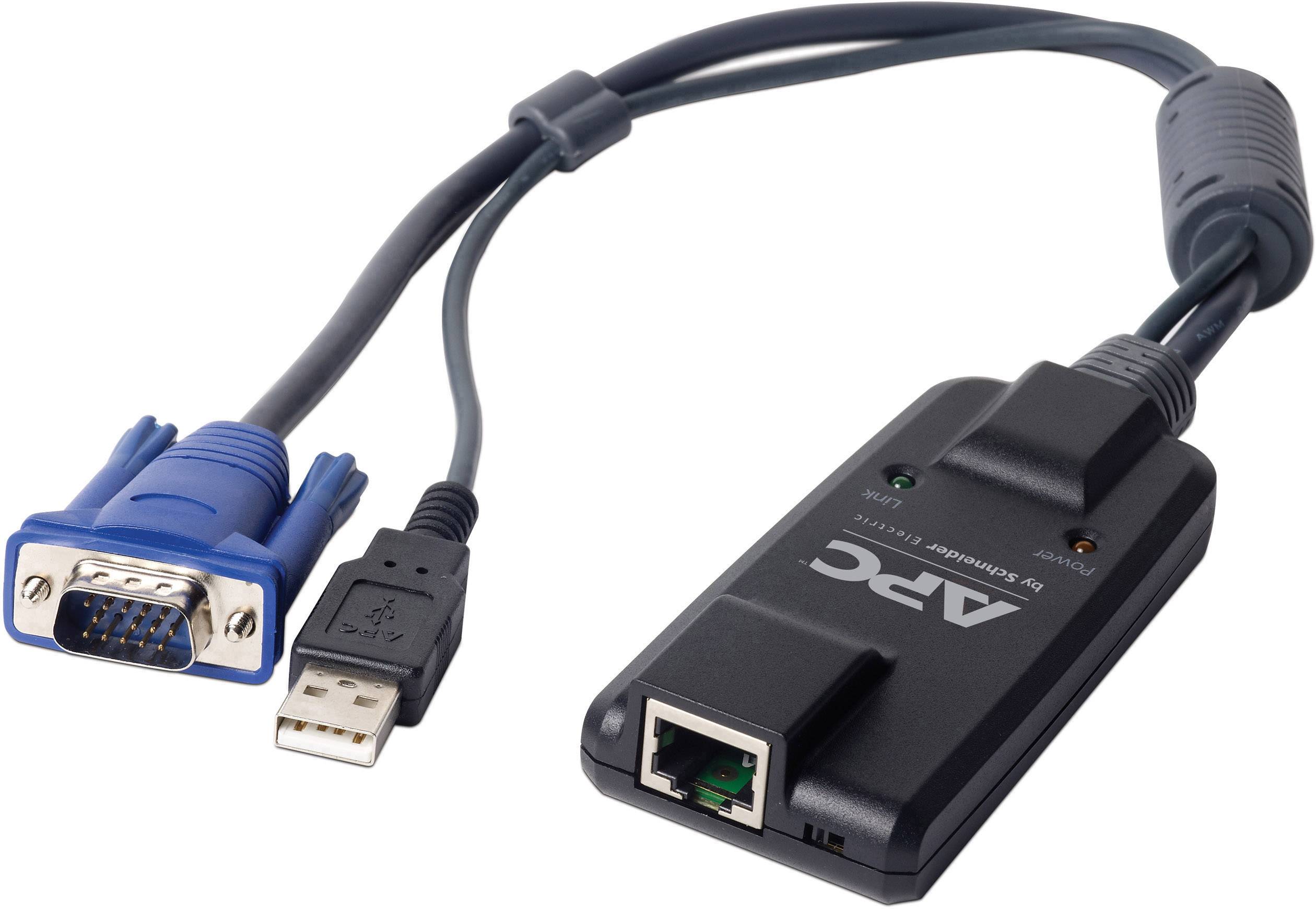 Un cavo adattatore con un connettore VGA blu, un connettore USB e una porta di rete, con la scritta 'APC'.