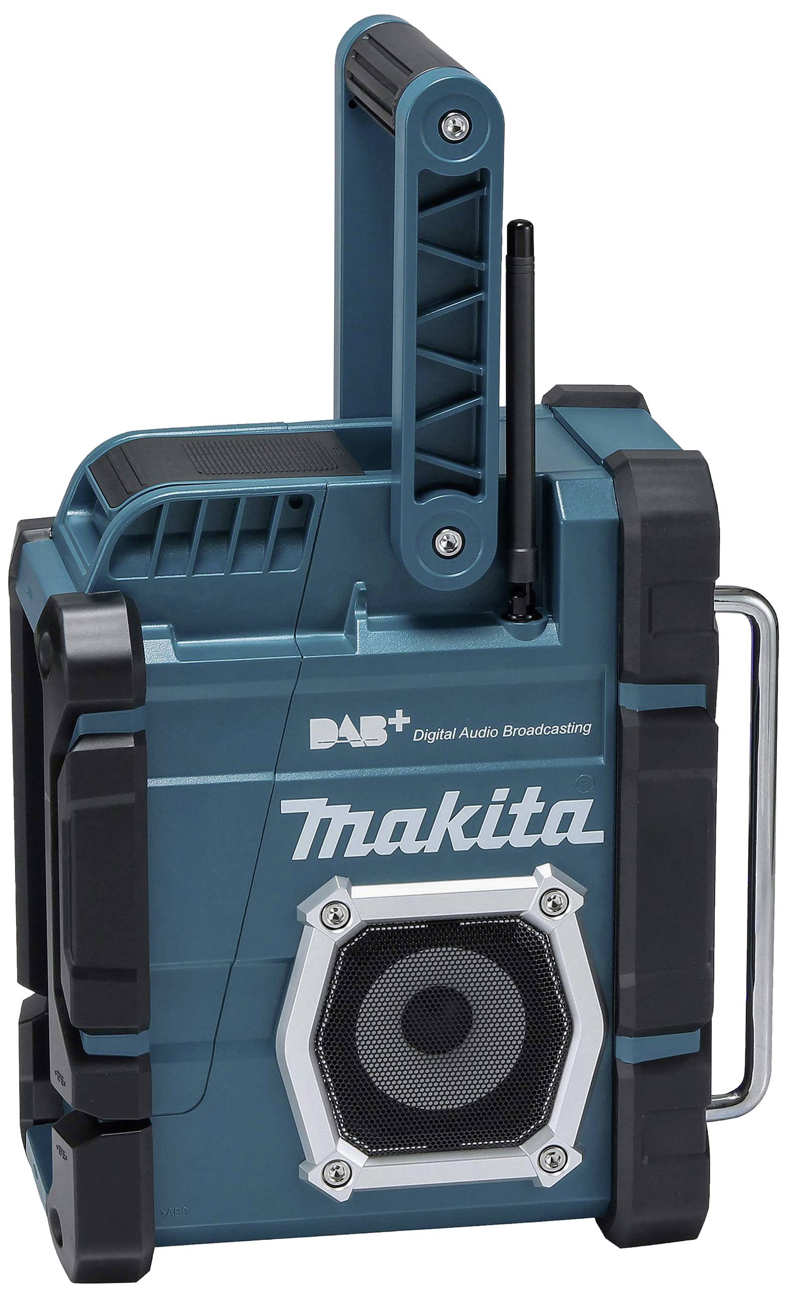 Radio portatile blu Makita con altoparlante integrato e antenna, adatto per cantieri.