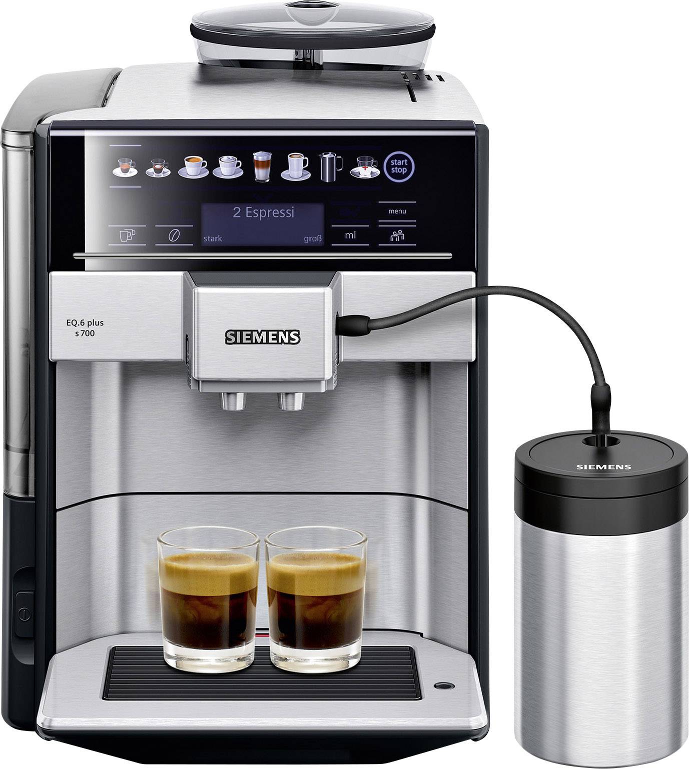 Macchina da caffè automatica con due espressi. Schermo touch che mostra diversi tipi di caffè. Contenitore del latte esterno collegato.