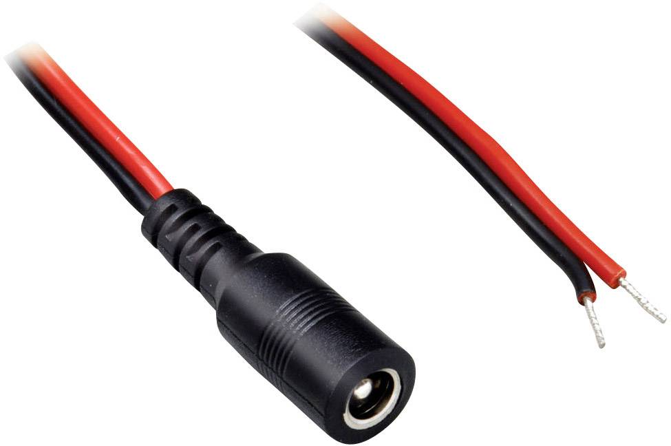 Cavo DC nero e rosso, estremità sinistra con spina, estremità destra con terminali aperti. Adatto per connessioni elettriche.