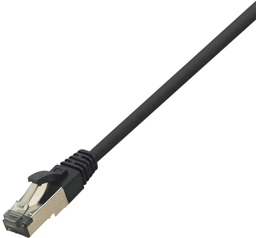 Un cavo Ethernet nero con connettore RJ45, utilizzato per collegare dispositivi di rete.