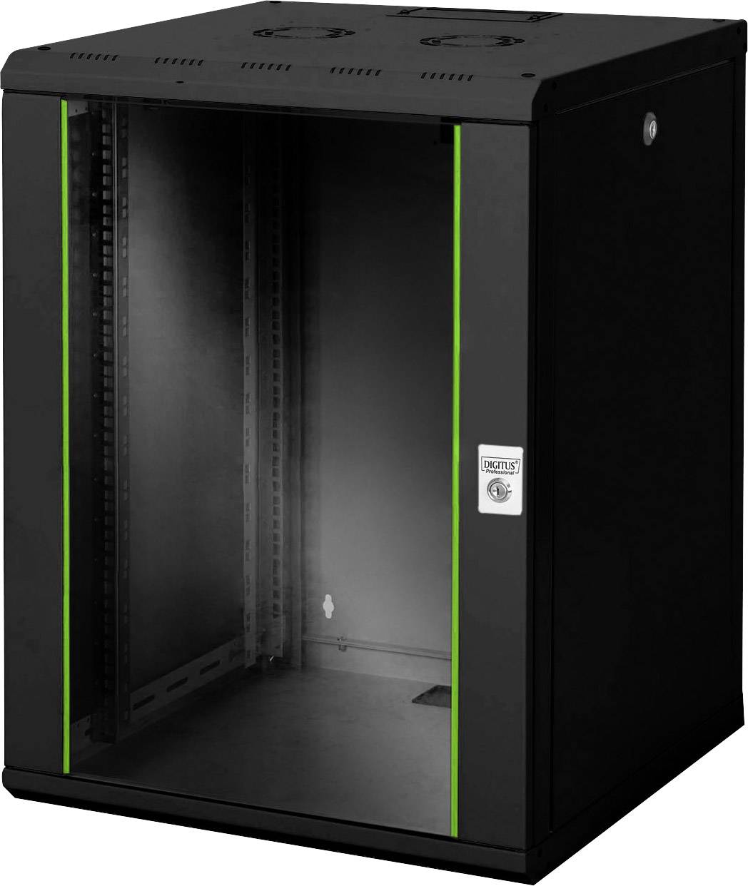 Armadio rack per server nero con porta in vetro e linee di accento verdi. Adatto per l'installazione di apparecchiature IT, con aperture di ventilazione superiori.