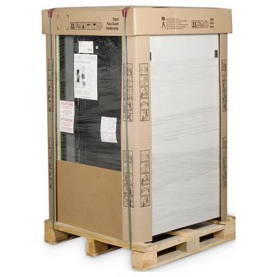Frigorifero imballato su un pallet di legno, con imbottitura protettiva e etichette di avvertenza, pronto per la spedizione.